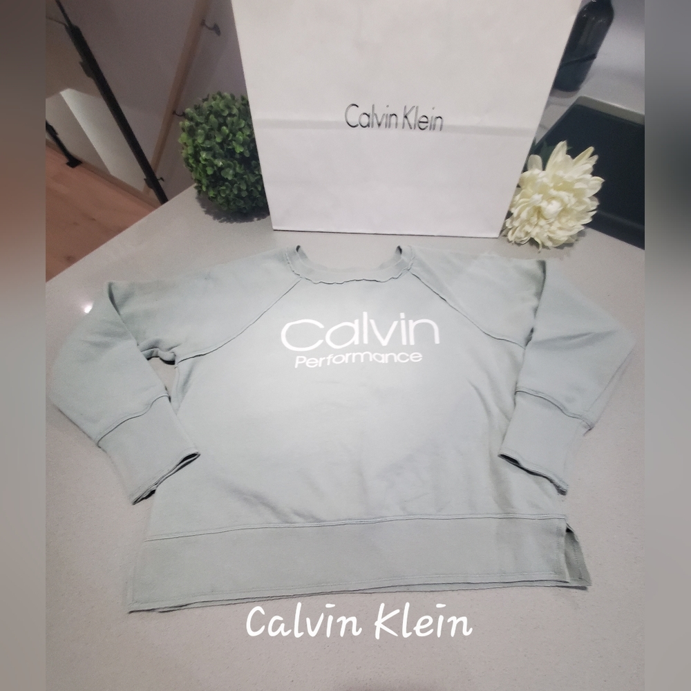 CALVIN KLEIN Beau hoodie crewneck vert sauge à logo blanc grand format